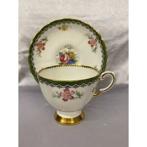 Tuscan Emerald Green Floral Hand Painted Tea Cup & Saucer Set Gold Trim England